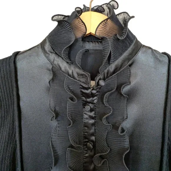 57 Collection Women's Ribbed Sweater With Ruffle and Silk Front Panel - Picture 6 of 10